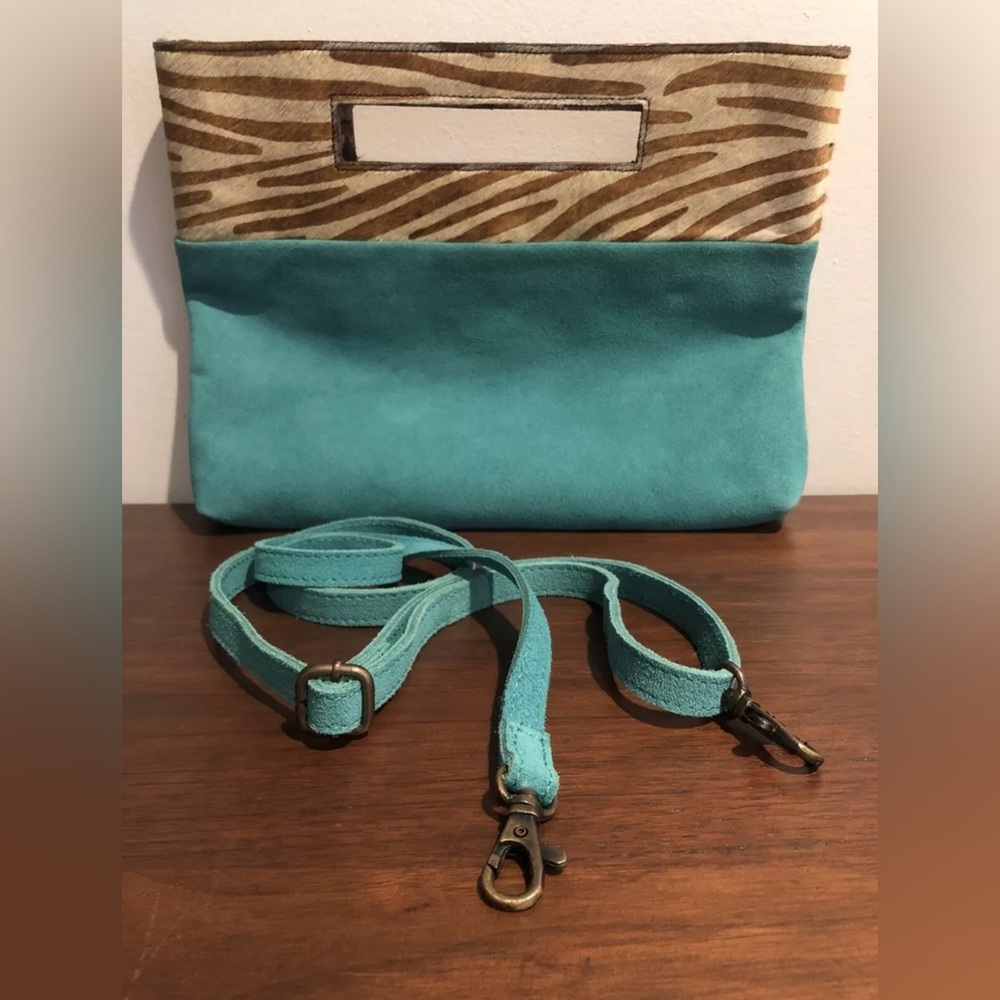 Anthropologie Crossbody Clutch Purse Suede Leather Remov. Strap ZEBRA Teal Blue